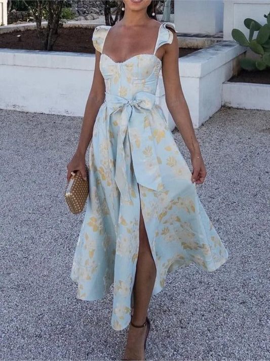 Flowers Print Sleeveless Long Dresses Women Sexy Low Cut Backless Bowknot Leace-up Slit Dress Temperament Lady Vestidos 2025 New