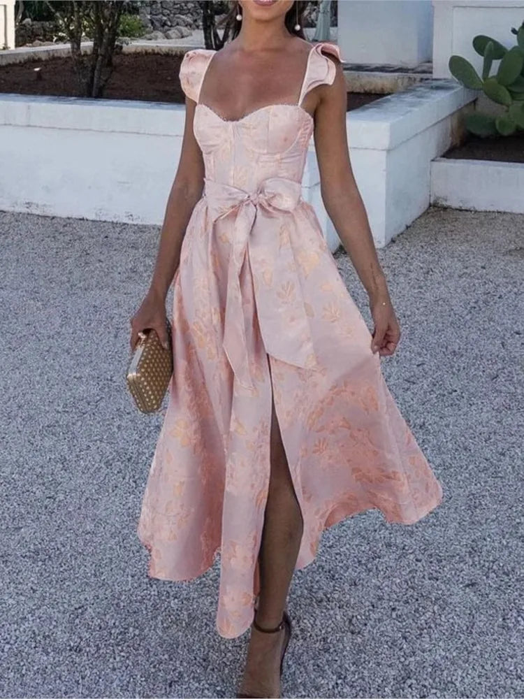 Flowers Print Sleeveless Long Dresses Women Sexy Low Cut Backless Bowknot Leace-up Slit Dress Temperament Lady Vestidos 2025 New
