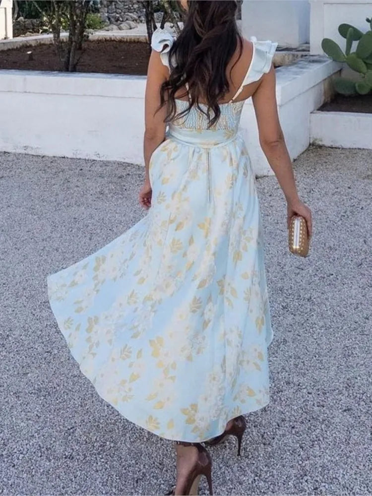 Flowers Print Sleeveless Long Dresses Women Sexy Low Cut Backless Bowknot Leace-up Slit Dress Temperament Lady Vestidos 2025 New