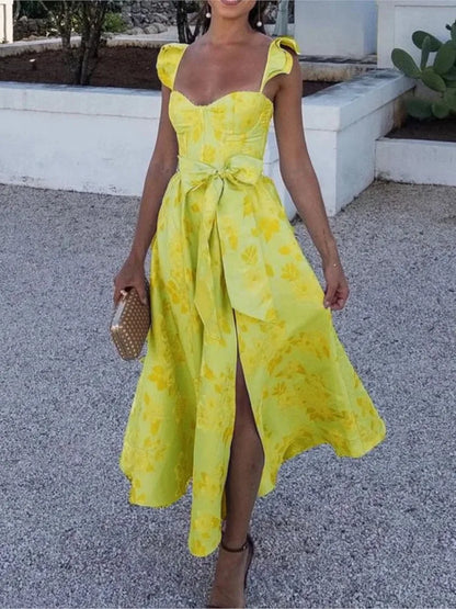 Flowers Print Sleeveless Long Dresses Women Sexy Low Cut Backless Bowknot Leace-up Slit Dress Temperament Lady Vestidos 2025 New
