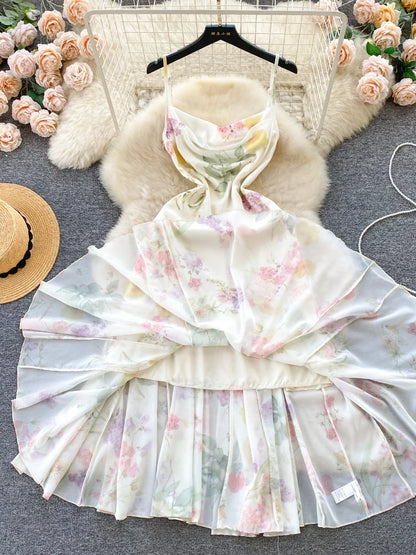 French Elegant Beach Dress  New Women Sexy Floral Printed Slim Mid Length Ruffled Party Dresses Ladies Summer Long Robe