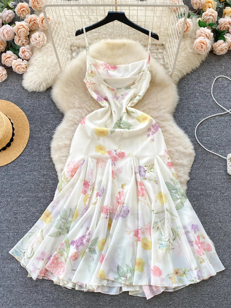 French Elegant Beach Dress  New Women Sexy Floral Printed Slim Mid Length Ruffled Party Dresses Ladies Summer Long Robe