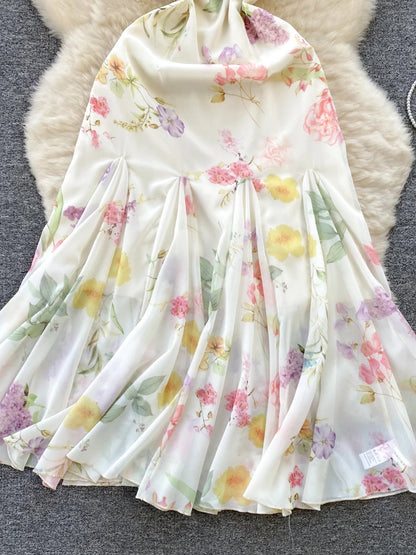 French Elegant Beach Dress  New Women Sexy Floral Printed Slim Mid Length Ruffled Party Dresses Ladies Summer Long Robe