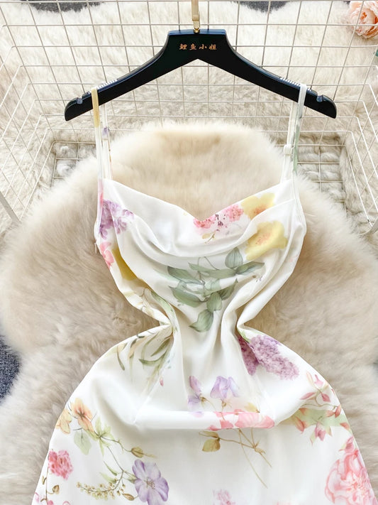 French Elegant Beach Dress  New Women Sexy Floral Printed Slim Mid Length Ruffled Party Dresses Ladies Summer Long Robe