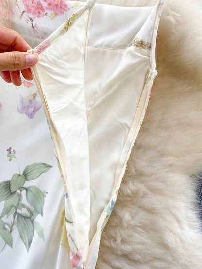 French Elegant Beach Dress  New Women Sexy Floral Printed Slim Mid Length Ruffled Party Dresses Ladies Summer Long Robe