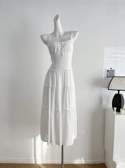French Elegant Dresses for Women Solid Spaghetti Strap Summer New Ruffles A-line Casual Korean Chic Midi Vestidos Mujer
