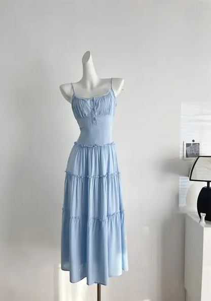 French Elegant Dresses for Women Solid Spaghetti Strap Summer New Ruffles A-line Casual Korean Chic Midi Vestidos Mujer