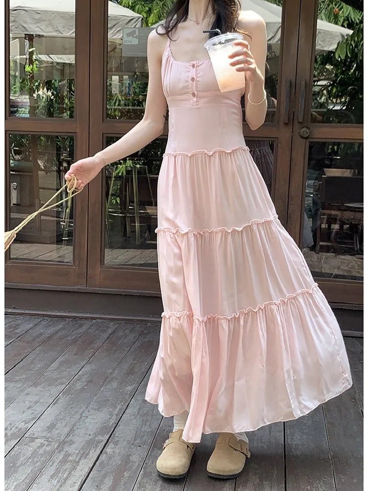 French Elegant Dresses for Women Solid Spaghetti Strap Summer New Ruffles A-line Casual Korean Chic Midi Vestidos Mujer