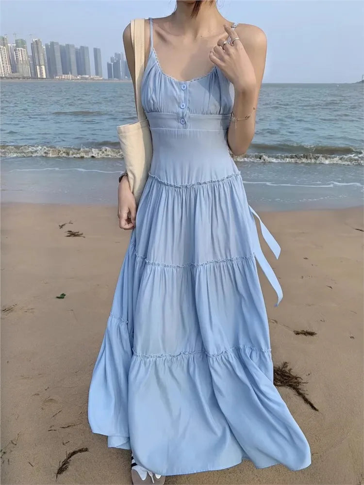 French Elegant Dresses for Women Solid Spaghetti Strap Summer New Ruffles A-line Casual Korean Chic Midi Vestidos Mujer