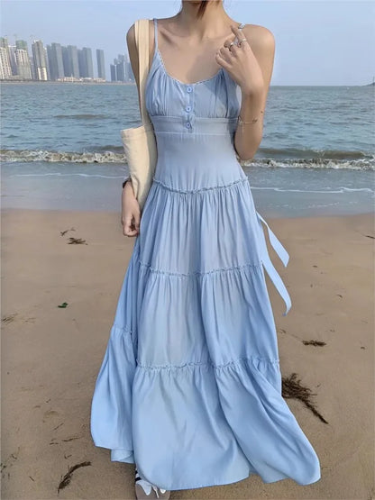 French Elegant Dresses for Women Solid Spaghetti Strap Summer New Ruffles A-line Casual Korean Chic Midi Vestidos Mujer