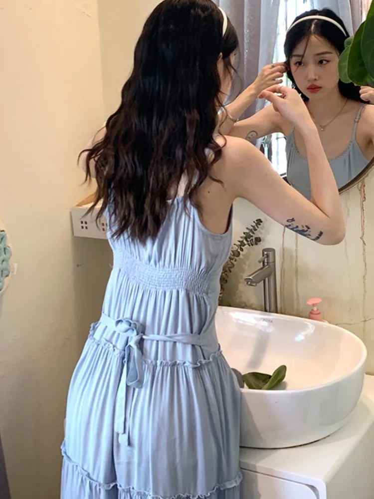 French Elegant Dresses for Women Solid Spaghetti Strap Summer New Ruffles A-line Casual Korean Chic Midi Vestidos Mujer