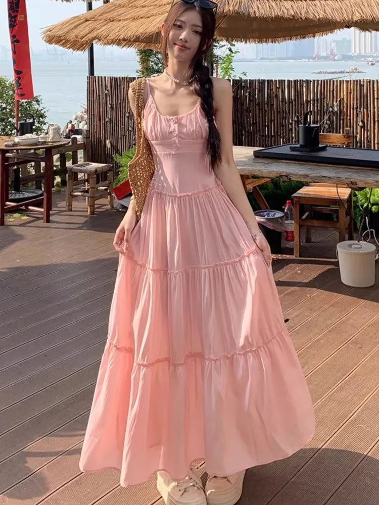 French Elegant Dresses for Women Solid Spaghetti Strap Summer New Ruffles A-line Casual Korean Chic Midi Vestidos Mujer
