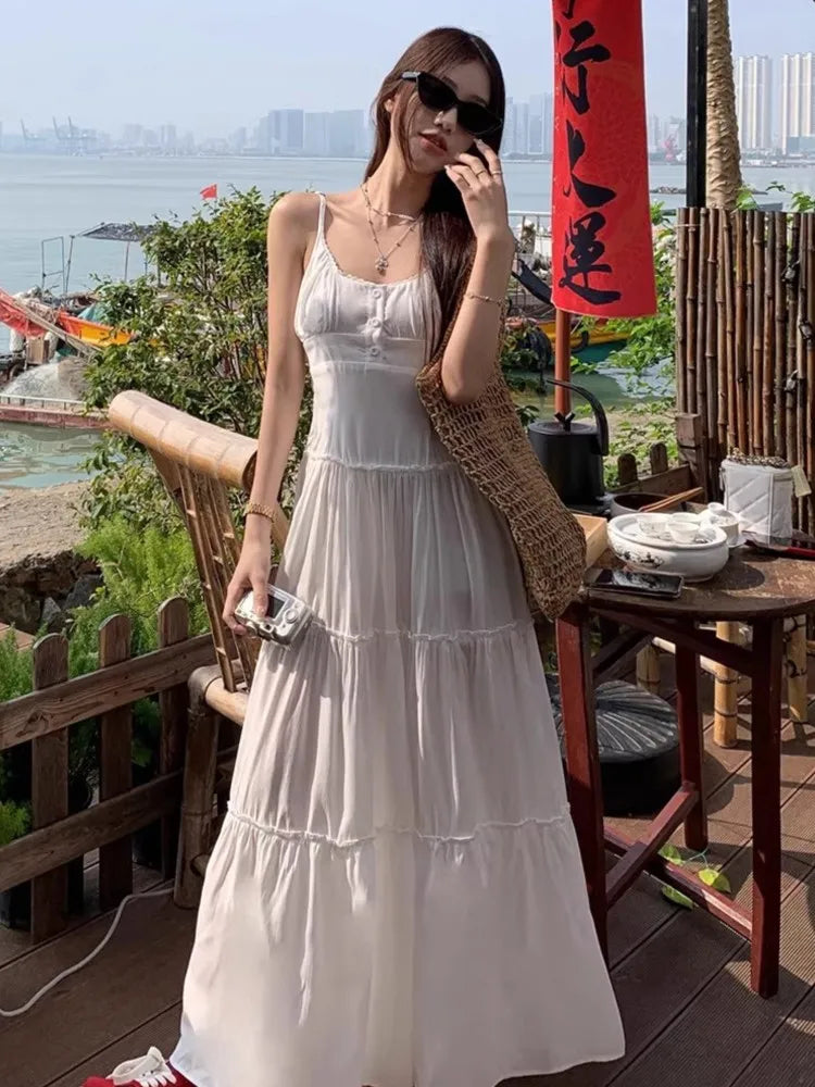 French Elegant Dresses for Women Solid Spaghetti Strap Summer New Ruffles A-line Casual Korean Chic Midi Vestidos Mujer