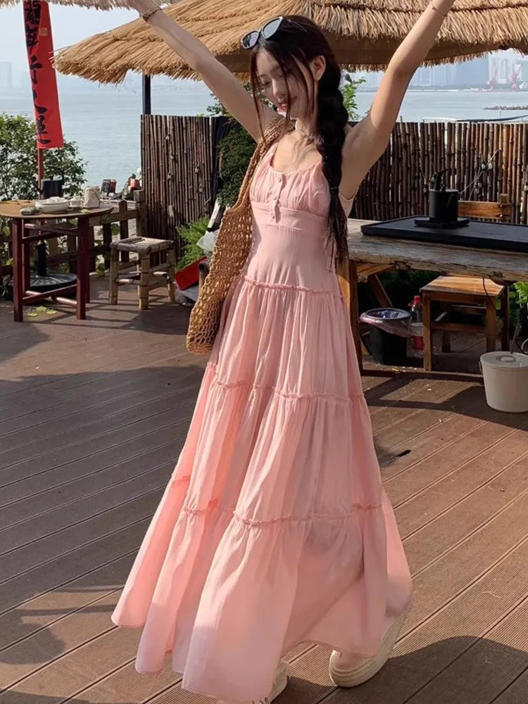 French Elegant Dresses for Women Solid Spaghetti Strap Summer New Ruffles A-line Casual Korean Chic Midi Vestidos Mujer