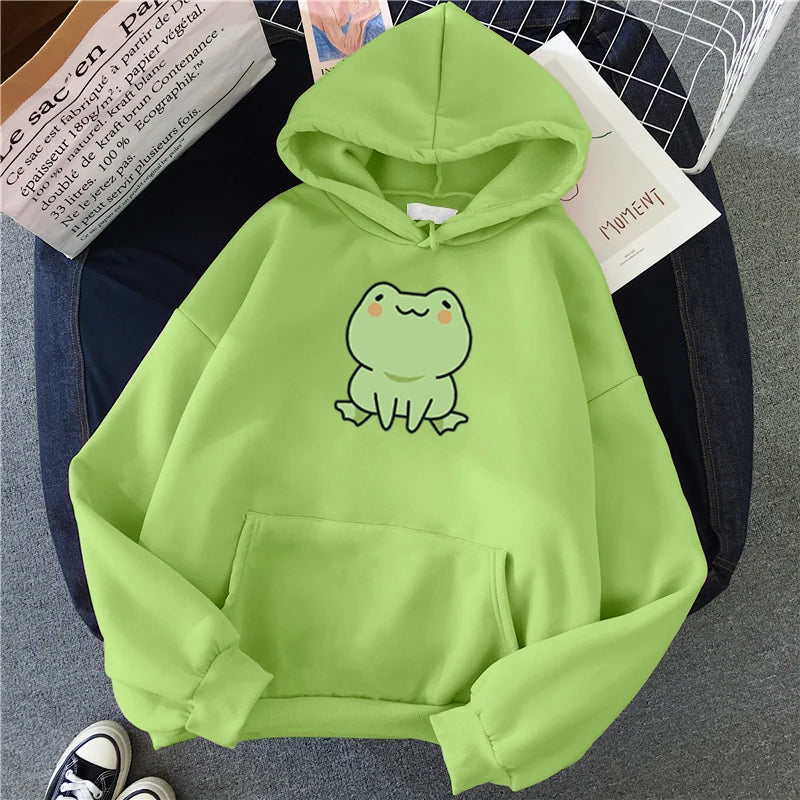 Frog Sweatshirt Cartoon Clothes Harajuku Long Sleeve Hooded Kawaii Hoodie for Girls Winter Fleece Hoodies Pocket Green Tops