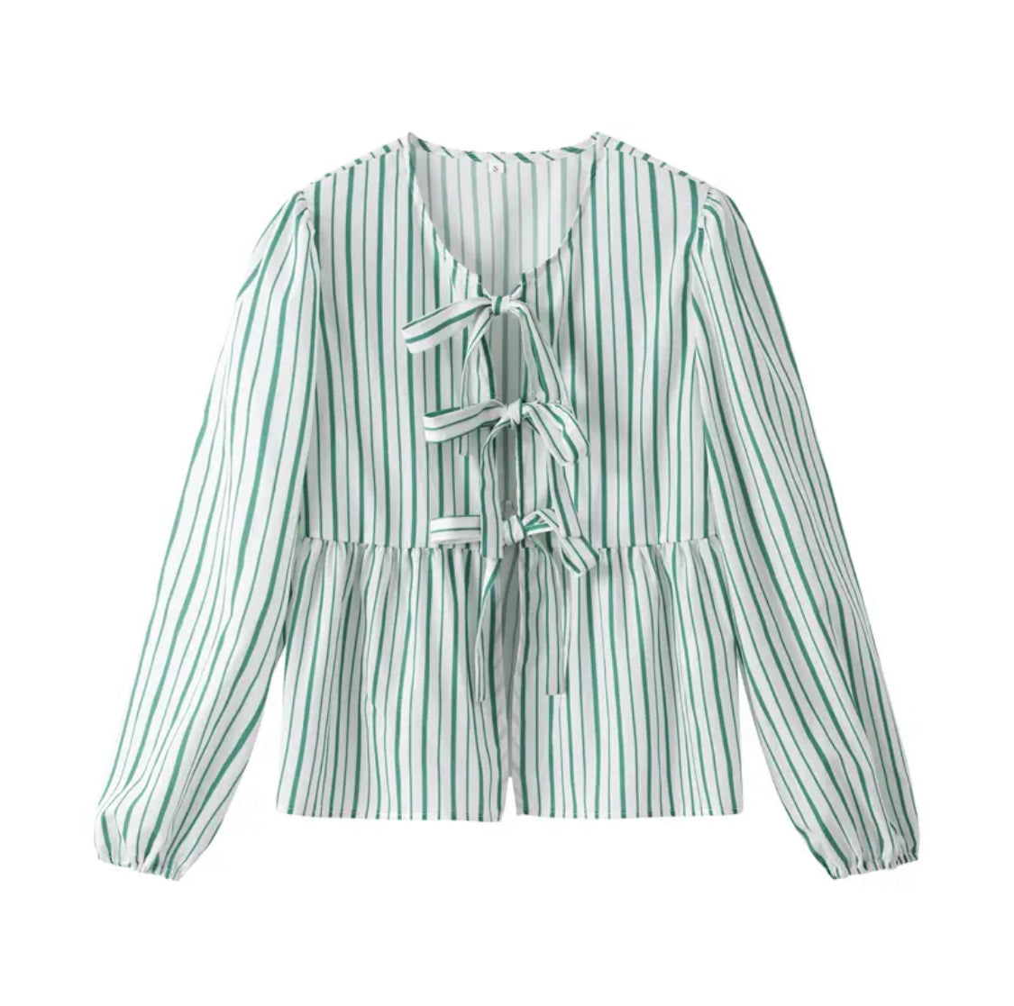 Blusa corta con mangas abullonadas y lazos peplum de rayas verdes