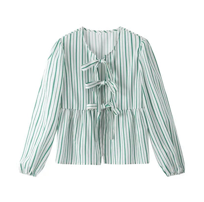 Blusa corta con mangas abullonadas y lazos peplum de rayas verdes