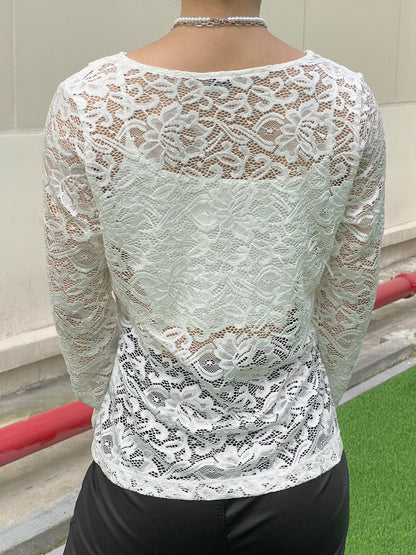 V Neck Long Sleeve Sheer Lace Blouse