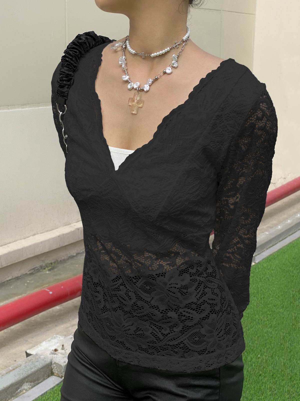 V Neck Long Sleeve Sheer Lace Blouse