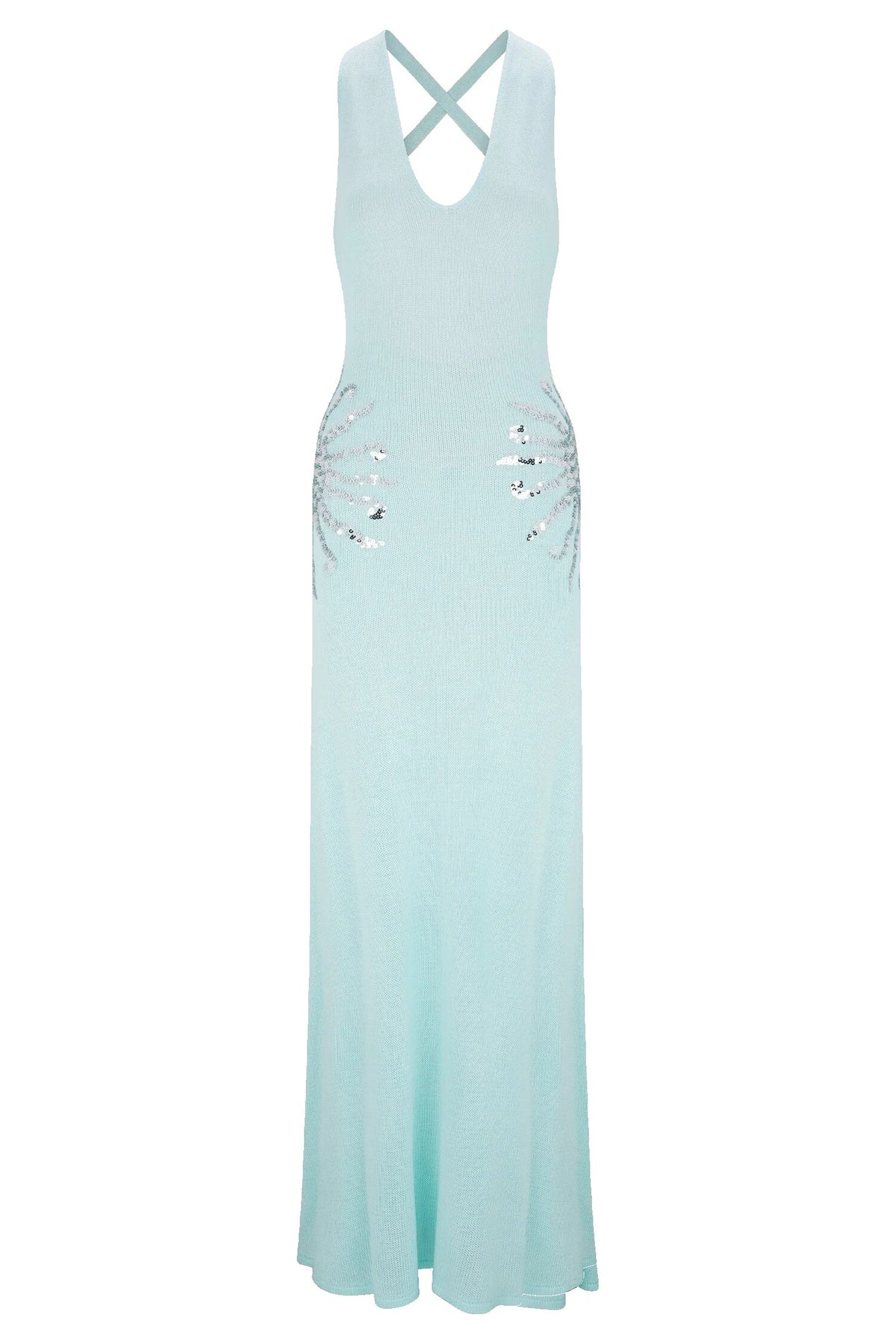 Sparkling Nights Knit Sunburst Sequin Detail Back Cross Straps Stretch Maxi Dress