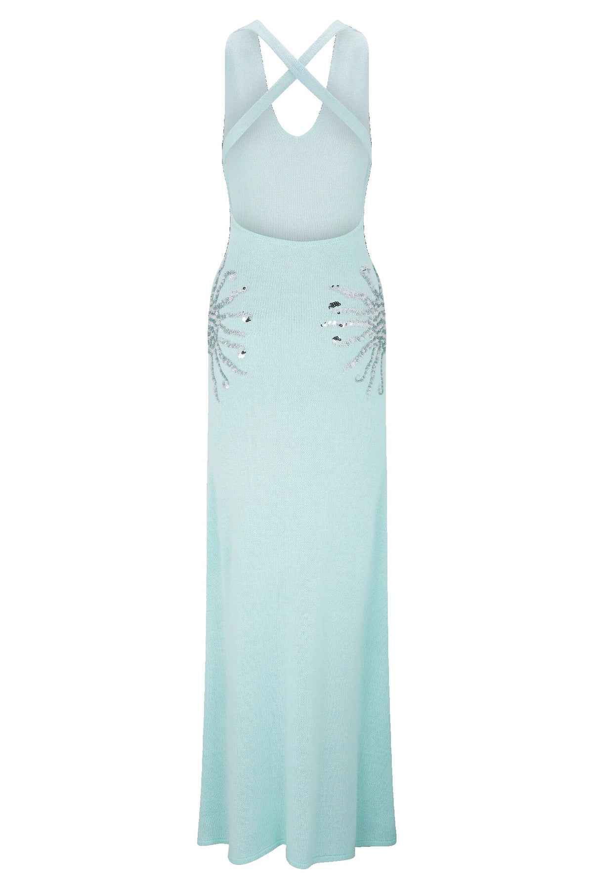 Sparkling Nights Knit Sunburst Sequin Detail Back Cross Straps Stretch Maxi Dress