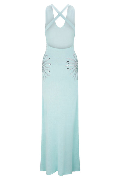 Sparkling Nights Knit Sunburst Sequin Detail Back Cross Straps Stretch Maxi Dress
