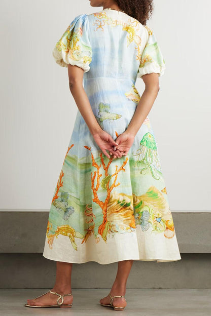 Gathered Printed Linen-Gauze Midi Dress