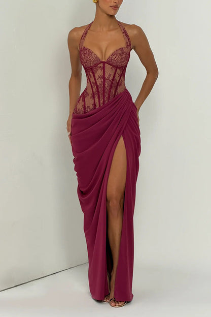 Bonita Floral Lace Contrast Structural Detail Asymmetrical Pleats Halter Slit Maxi Dress