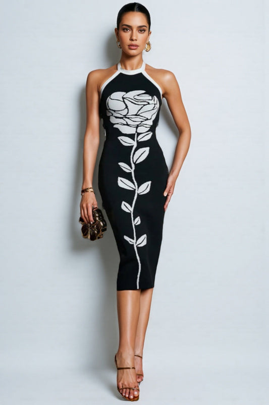 Jeston Halterneck Flower Bandage Midi Dress