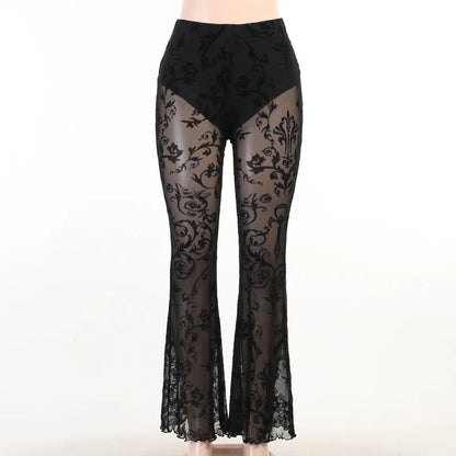 Goth Aesthetic Black Flared Pants Harajuku Sexy See Through Pants