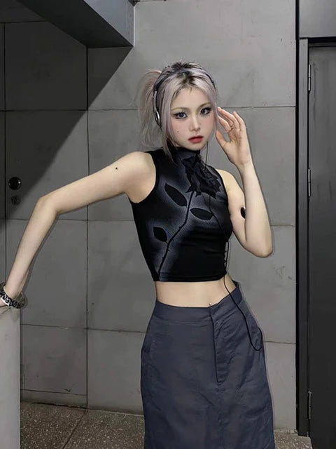 Gothic Rose Print Tank Top Aesthetic Y2K Crop Top Sleeveless Vest Harajuku Streetwear Black Summer Tops Women Slim Clothes