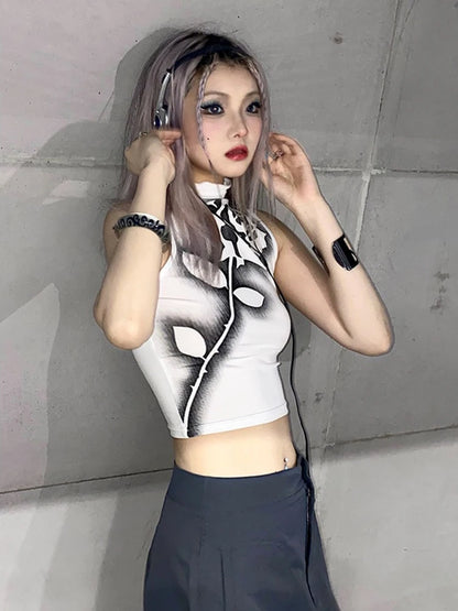 Gothic Rose Print Tank Top Aesthetic Y2K Crop Top Sleeveless Vest Harajuku Streetwear Black Summer Tops Women Slim Clothes