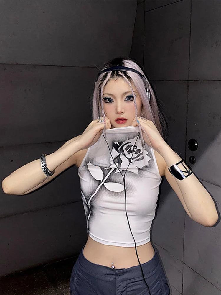 Gothic Rose Print Tank Top Aesthetic Y2K Crop Top Sleeveless Vest Harajuku Streetwear Black Summer Tops Women Slim Clothes