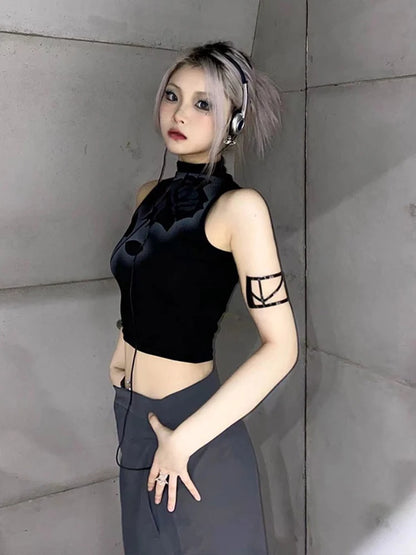 Gothic Rose Print Tank Top Aesthetic Y2K Crop Top Sleeveless Vest Harajuku Streetwear Black Summer Tops Women Slim Clothes