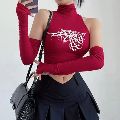 Gothic Spider Print Tank Top for Women Summer Y2k Tops Black Oversleeve Sexy Turtleneck Slim Short Skinny Streetwear Crop Top