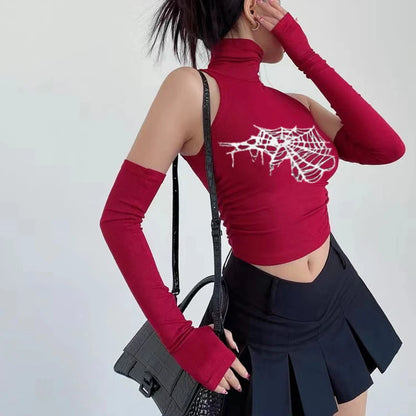 Gothic Spider Print Tank Top for Women Summer Y2k Tops Black Oversleeve Sexy Turtleneck Slim Short Skinny Streetwear Crop Top
