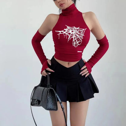 Gothic Spider Print Tank Top for Women Summer Y2k Tops Black Oversleeve Sexy Turtleneck Slim Short Skinny Streetwear Crop Top