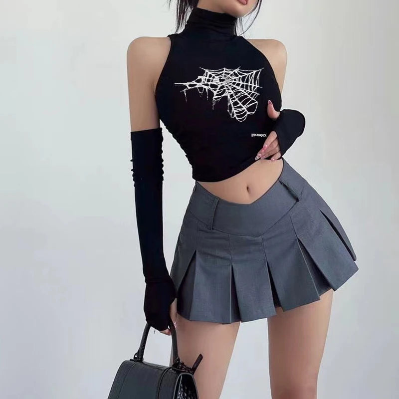 Gothic Spider Print Tank Top for Women Summer Y2k Tops Black Oversleeve Sexy Turtleneck Slim Short Skinny Streetwear Crop Top