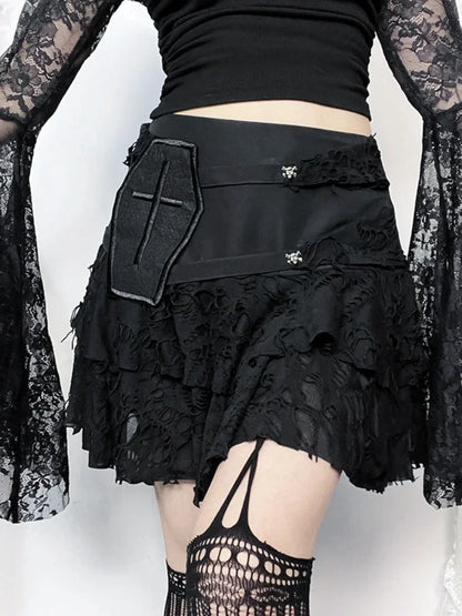 Gothic Style Sexy Lace Cake for Summer 2025 Women with Versatile Ripped Hole Fabric Skirt