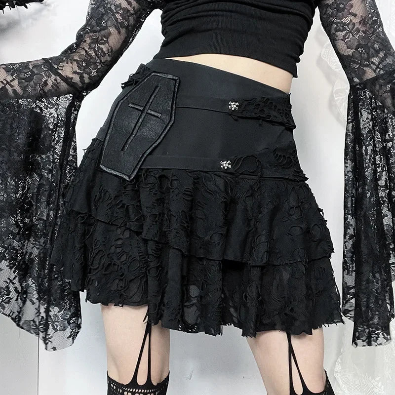 Gothic Style Sexy Lace Cake for Summer 2025 Women with Versatile Ripped Hole Fabric Skirt