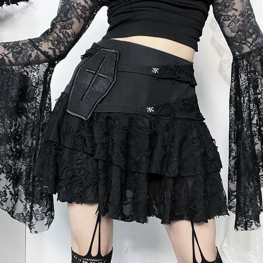 Gothic Style Sexy Lace Cake for Summer 2025 Women with Versatile Ripped Hole Fabric Skirt