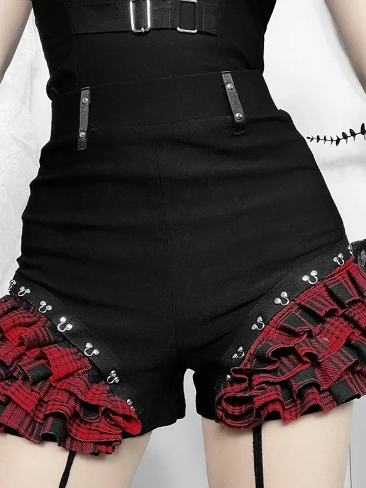 Gothic Summer 2025 New Arrival Landmine Series Plaid Patchwork Shorts Spicy Girl Halter Waist-Cinch Y2K Vest Skirt
