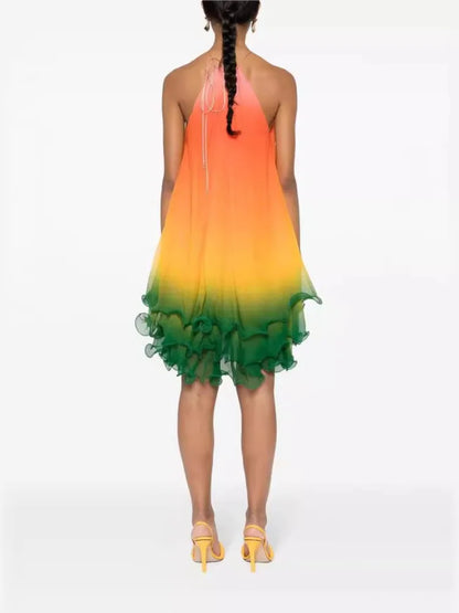 Gradient Halter Neck Leace-up Midi Dresses Women Fashion Off Shoulder Irregular Ruffles Dress Female Trendy Party Club Vestidos