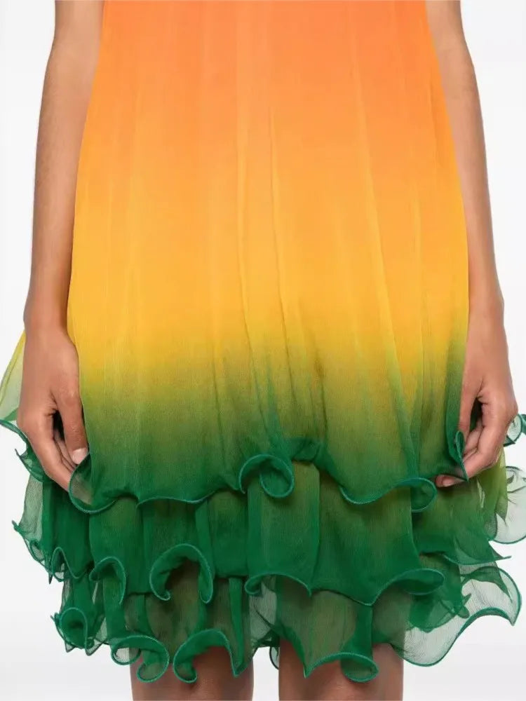 Gradient Halter Neck Leace-up Midi Dresses Women Fashion Off Shoulder Irregular Ruffles Dress Female Trendy Party Club Vestidos