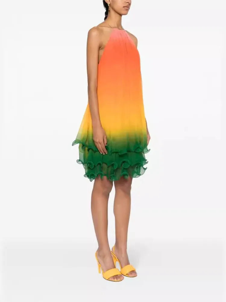 Gradient Halter Neck Leace-up Midi Dresses Women Fashion Off Shoulder Irregular Ruffles Dress Female Trendy Party Club Vestidos