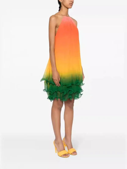 Gradient Halter Neck Leace-up Midi Dresses Women Fashion Off Shoulder Irregular Ruffles Dress Female Trendy Party Club Vestidos