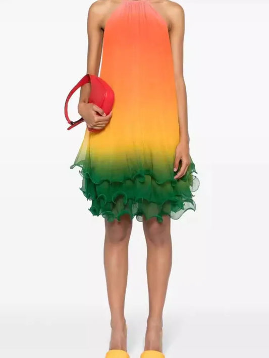 Gradient Halter Neck Leace-up Midi Dresses Women Fashion Off Shoulder Irregular Ruffles Dress Female Trendy Party Club Vestidos