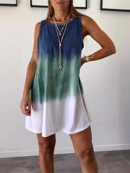 Gradient Tie Dye Print Mini Dresses Women 2025 Summer New Fashion Loose O Neck Sleeveless Dress Trendy Streetwear Lady Vestidos