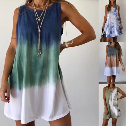 Gradient Tie Dye Print Mini Dresses Women 2025 Summer New Fashion Loose O Neck Sleeveless Dress Trendy Streetwear Lady Vestidos
