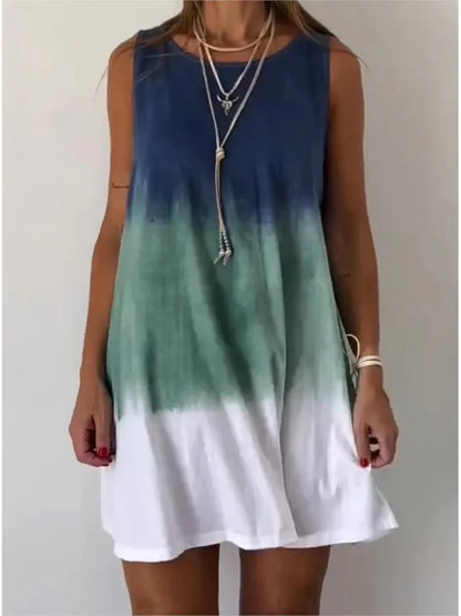 Gradient Tie Dye Print Mini Dresses Women 2025 Summer New Fashion Loose O Neck Sleeveless Dress Trendy Streetwear Lady Vestidos